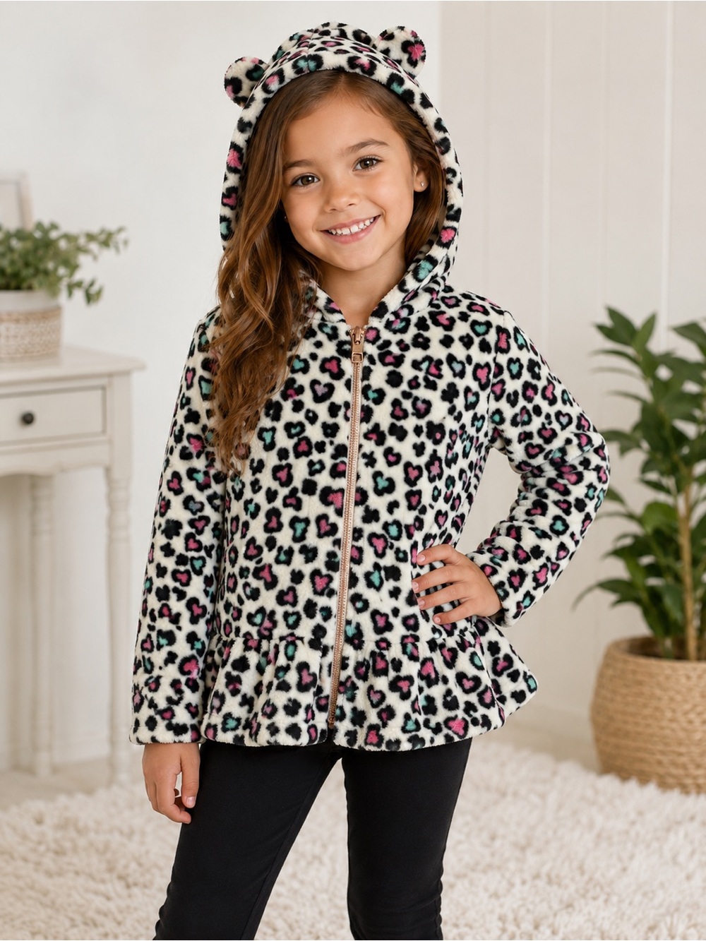 Penelope Mack Girls Size 5 Fuzzy Heart Leopard Print Hoodie Jacket w/ Ears